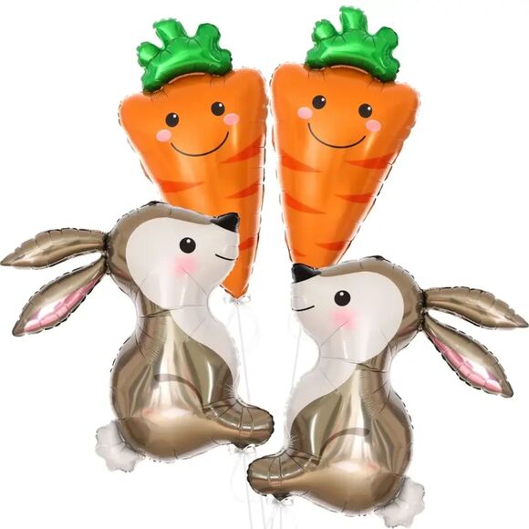 2 Easter Bunny Rabbit & 2 Carrot Foil Balloon Spring Decorations Birthday Party - Picture 2 of 3
